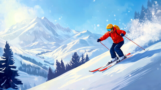 Dynamic sports banner of man skier on piste ski downhill fast motion in Alps. Active winter holidays. Ski rides on the track. Copy space Winter sports and snow activities. World Snow Day.