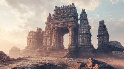 Fototapeta premium Ancient Stone Temple with Archway in a Misty Landscape