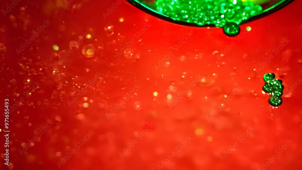 Poster Dynamic drops of green glitter in red oil or ink diffusing through water, creating an abstract aquatic swirls