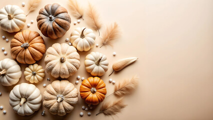 Autumn composition featuring beige pumpkins, decorative elements and neutral background, cozy and warm, copy space, top view