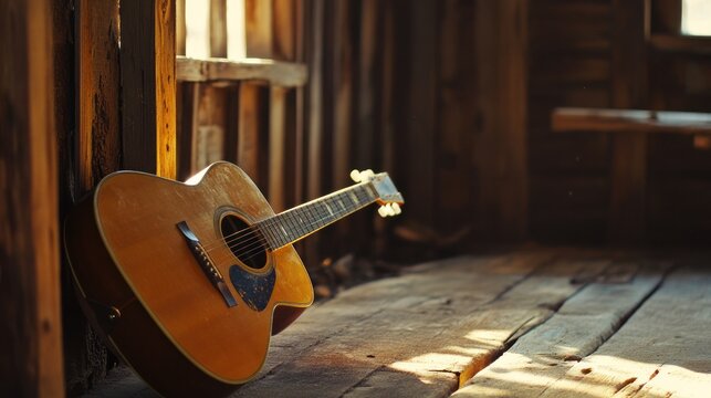 A vintage acoustic guitar being played in an old barn, natural acoustics,
