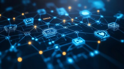 Abstract background featuring overlapping medical and tech symbols with glowing blue nodes, ideal for healthcare innovation themes