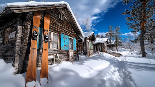 Old wooden skis leaned against a snow-covered cabin