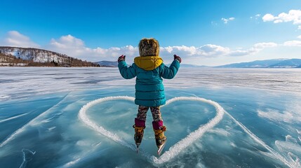 skating the shape of a heart into the ice on a frozen lake