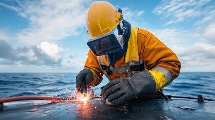 Underwater welder working on submarine structures, focus on safety