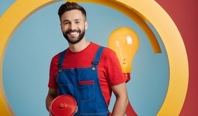 Repairman. smiling man in blue work overalls and red t-shirt looking at camera. AI generated