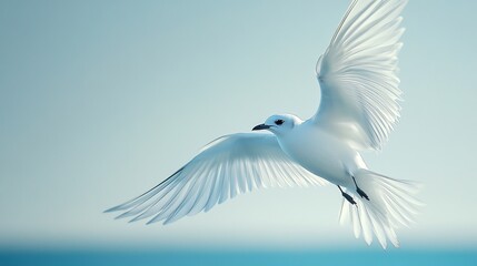 Obraz premium A white bird with its wings spread wide soars through the sky.
