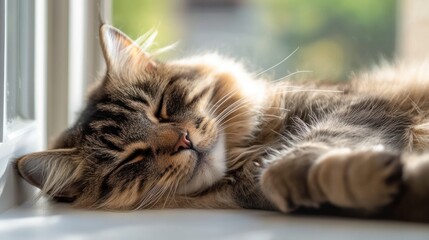 Obraz premium Cat lying down on a windowsill, eyes half-closed, fur catching the sunlight, calm and peaceful indoor setting