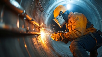 Welding in a submerged tunnel, industrial diver at work