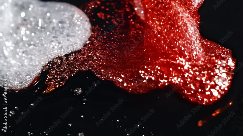 Poster Dynamic drops of red and white glitter in black oil or ink diffusing through liquid, creating an abstract aquatic swirls