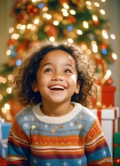 Little girl smiling, christmas wool sweater, curly hair, festive Christmas background with blurred garland lights. AI generated