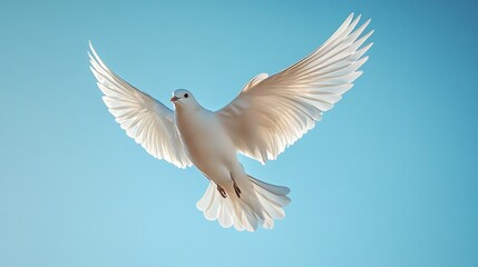 Obraz premium White dove flying against a clear blue sky.