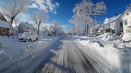 Snow-covered street in a quiet small town