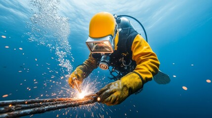 Obraz premium Welding submerged marine structures, diver in safety gear