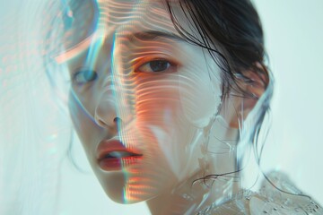 Woman face with rainbow light. Neon portrait. Beautiful girl. Glitched female face. Beauty art for fashion with young model. Blue, pink, red color. Colorful background with shadow.