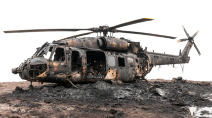 wreckage of a burned military combat helicopter on transparent background