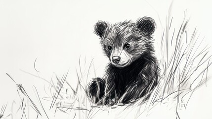 Obraz premium A Black Bear Cub Resting in Tall Grass