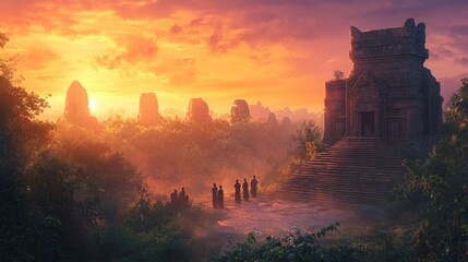 Ancient Temple Steps at Sunset in a Jungle