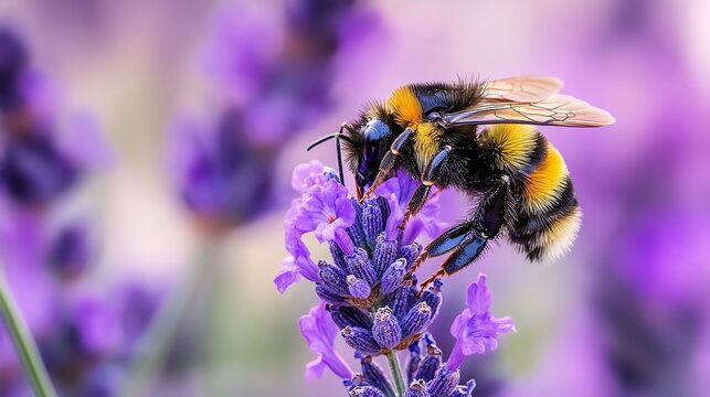 A bumble bee pollinates lavender flowers.