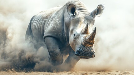 Fototapeta premium A White Rhinoceros Charging Through Dust
