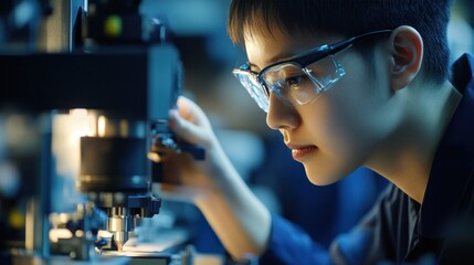 Close-up of Asian factory workers operating industrial machines, emphasizing precision and teamwork, high-tech environment