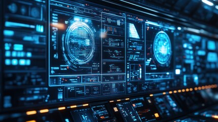 Obraz premium Close-up of factory cyber security operations, digital interfaces displaying threat alerts and monitoring tools, high-tech control room