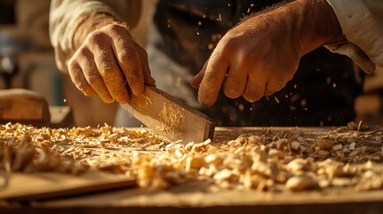 Close-up of carpenter hands using a plane to smooth a wooden surface.