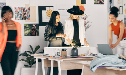 Teamwork, fashion designer or people in meeting for small business, textile pattern or creative...