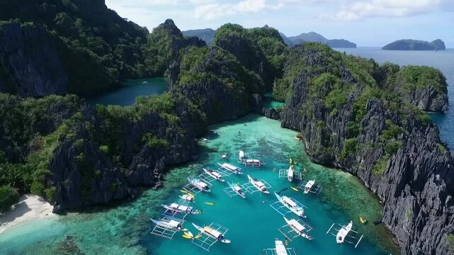 Small Lagoon in Palawan, Sightseeing Place. Tour A in El Nido, Philippines. Beautiful Landscape and Sea in Background. Drone