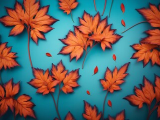 Fototapeta premium artistic arrangement of vibrant orange autumn leaves scattered over a teal background in a stylized pattern