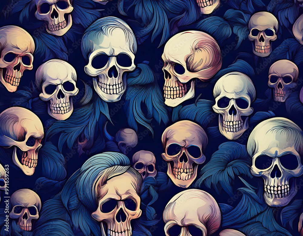 Poster seamless pattern of skulls, set against a dark blue background for a spooky, gothic loo_1(749)