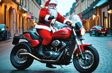 Cool Santa Claus on a motorcycle in the city.