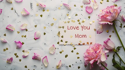 Pink flowers with "Love You Mom" message and gold confetti on white background, ideal for Mother's Day greeting cards or celebration banners