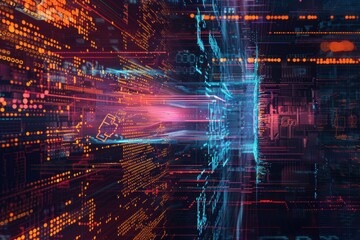 Abstract background visualizing AI algorithms, neural networks, and digital data.