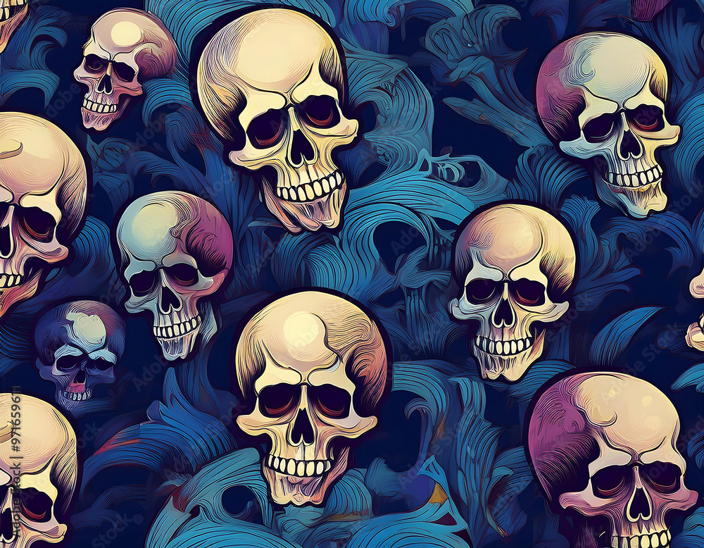 Poster seamless pattern of skulls, set against a dark blue background for a spooky, gothic loo_1(751)