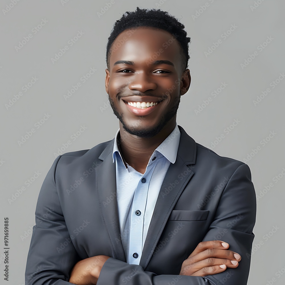 Wall mural a close-up portrait of a smiling young man in a stylish casual suit, arms crossed, isolated on a cle