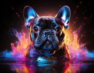 Generated image of a French Bulldog standing in water. Isolated image with black background. Surrounded by an explosion of colors, reflecting in the water. 