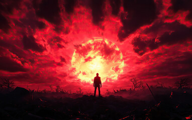 Fototapeta premium A lone figure stands amid the chaos, silhouetted against a dramatic red sky and an enormous sun, evoking a sense of despair and beauty.