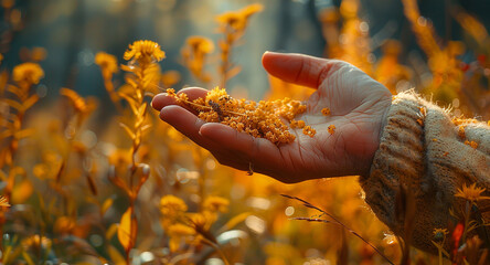 Woman gently touching dry grass in a field at sunset