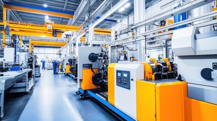 Naklejka premium Interior of a modern factory, showcasing advanced machinery and workers in a high-tech environment, clean and organized layout