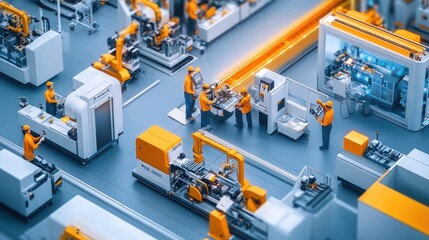 Interior of a modern factory, showcasing advanced machinery and workers in a high-tech environment, clean and organized layout