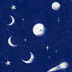 Naklejka premium Enchanting Hand Drawn Stars and Moons Seamless Night Sky Celestial Pattern with Deep Blue Tones