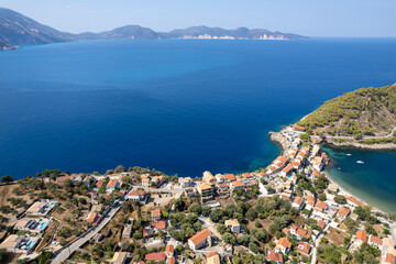 Drone aerial view of Greek village of Asos on the west coast of the island of Cephalonia ,...