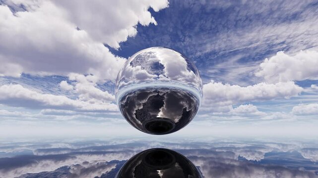 3d render video of serene sky and cloud reflection. A mirror sphere in the middle of a sea. A tranquil scene of fluffy white clouds. Futuristic panoramic landscape