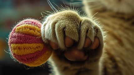 Close-up of a cat's paw holding a toy.