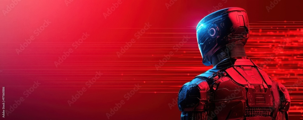 Aufkleber futuristic robot design with dynamic red and blue background, symbolizing advanced technology and in