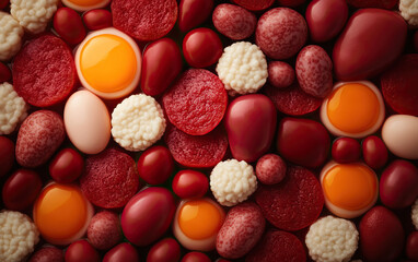 Vibrant assortment of colorful ingredients, featuring eggs, meats, and various textures, perfect for culinary and food photography.