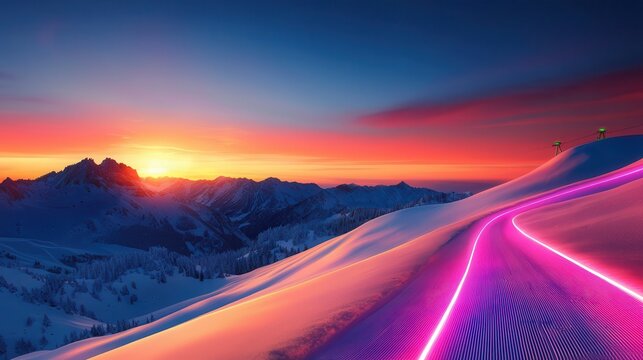 Futuristic Winter Wonderland with Robotic Ski Instructors and Neon Snow - Ideal for Winter Sports Travel Promotion with Copy Space