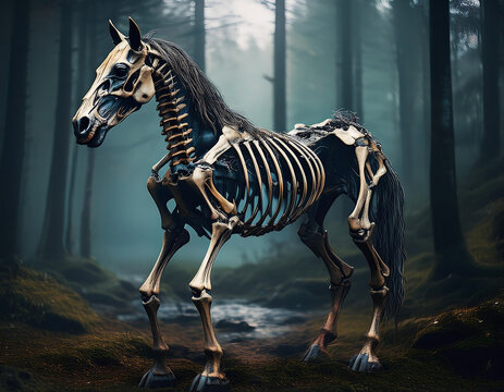  Skeleton horse in a dark forest, evoking a spooky, mysterious atmosphere with nature's deca_1(782)