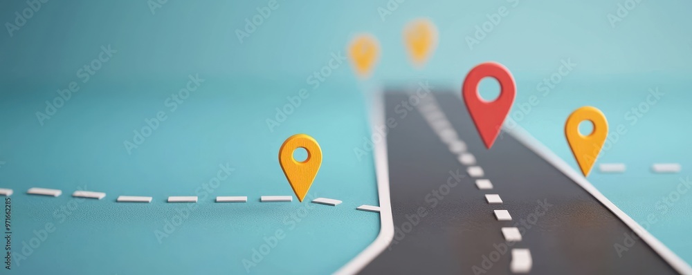 Poster road with colorful location markers, symbolizing navigation and travel on a journey.